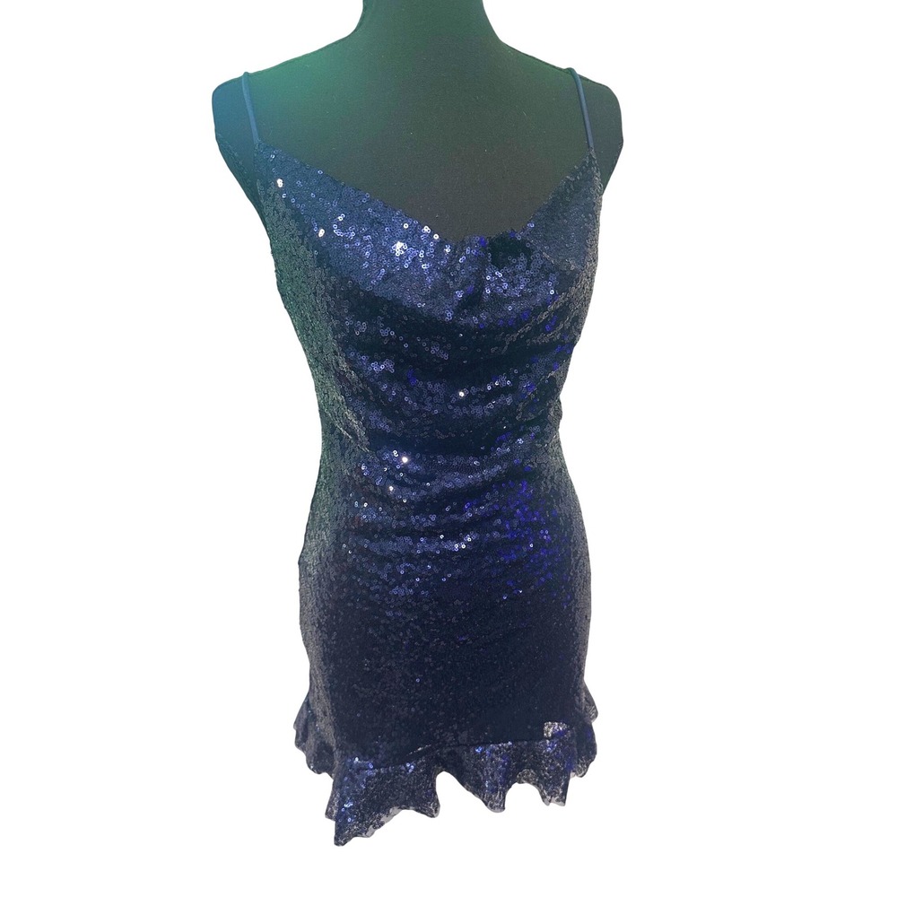 Lucy in the Sky Navy Blue Sequin Cowl Neck Ruffle Mini Party Dress Women Size M